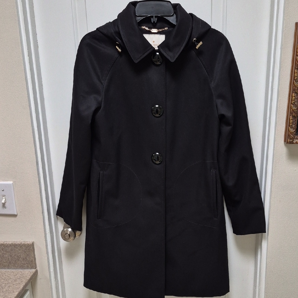 Kate SPADE Black Warm Trench COAT,  Hood, Snap BUTTONS, BOW PRINT LINING Sz. S